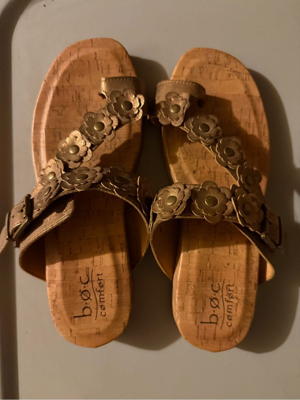b.o.c. Metallic Gold Floral Cork Slide Sandals